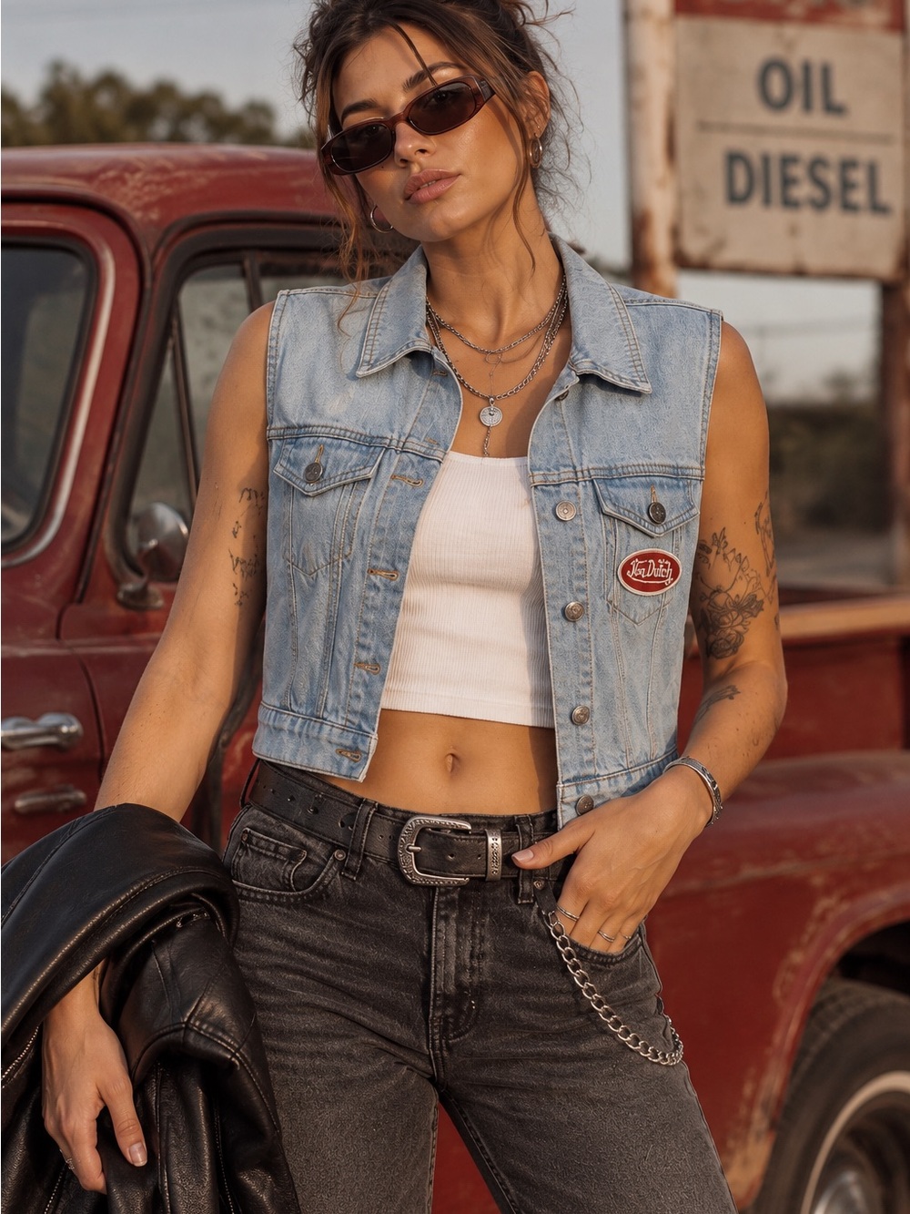 NWT Von Dutch Y2K Flame Denim Vest M Cropped Biker Moto McBling